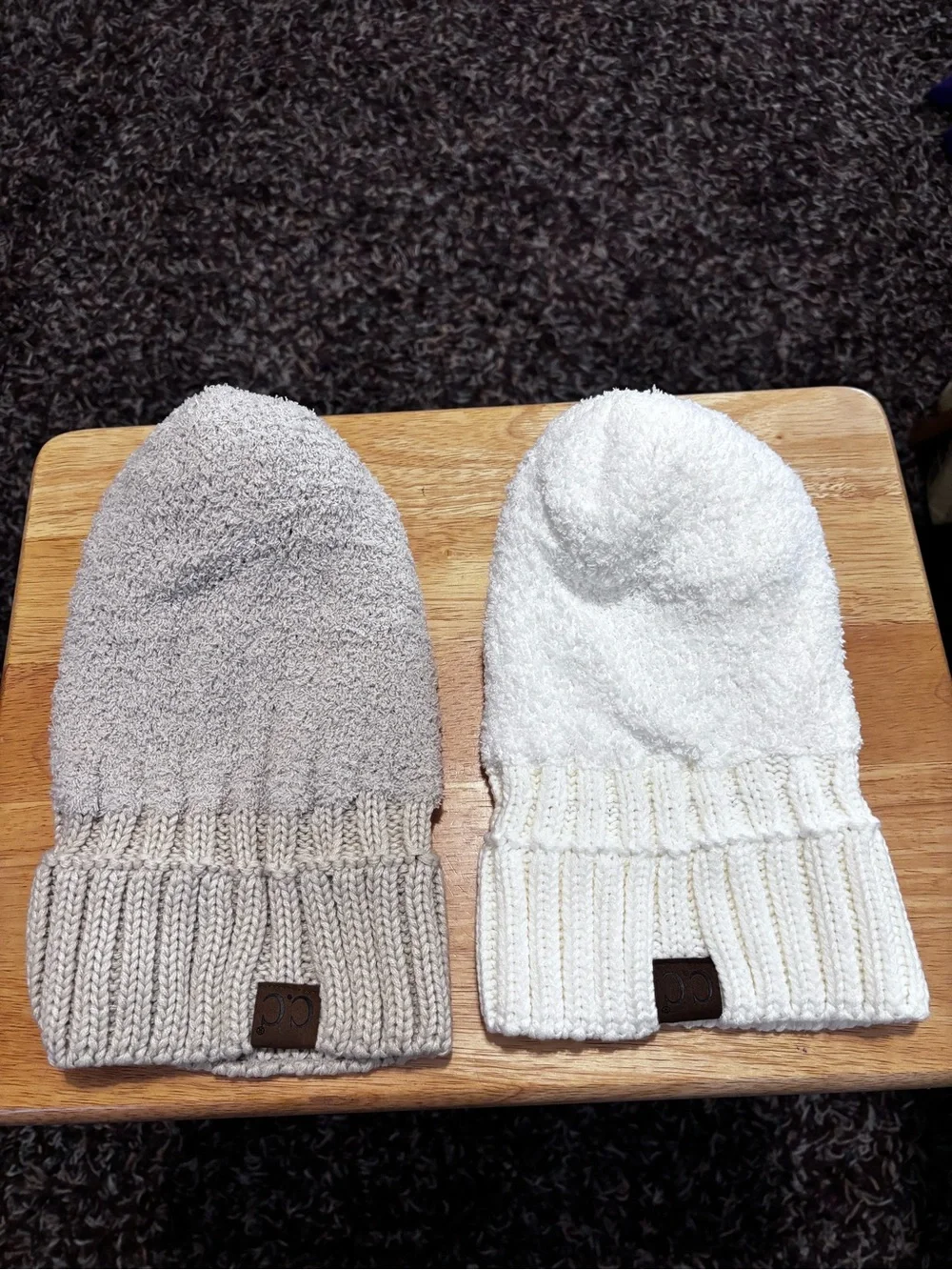 C.C. Knit Beanie Hat Bundle Faux Fur Pom Pom One Size NWT Cream & Oatmeal